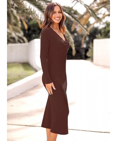 Womens 2024 Sweater Dress Trendy Casual Long Sleeve V Neck Twist Front Slim Fit Ribbed Knit Bodycon Midi Dress 03 Brown $21.6...