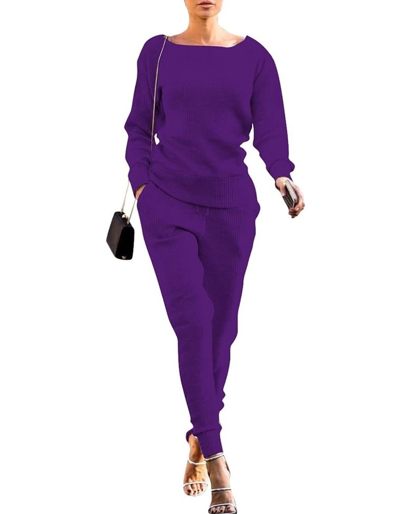 Womens 2 Piece Outfits Tracksuit Rib-Knit Pullover Sweater Top & Long Pants Set Purple $20.64 Activewear