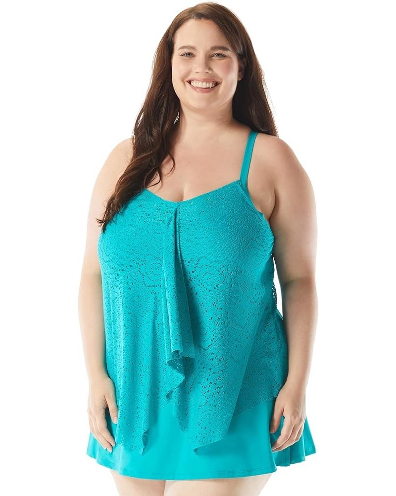 Plus Size Kerry Ruffle Layer Underwire Tankini Top — Tummy Flattering Swimsuit Top Crochet Soleil Aloha Jade $39.00 Swimsuits