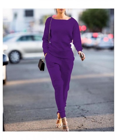 Womens 2 Piece Outfits Tracksuit Rib-Knit Pullover Sweater Top & Long Pants Set Purple $20.64 Activewear