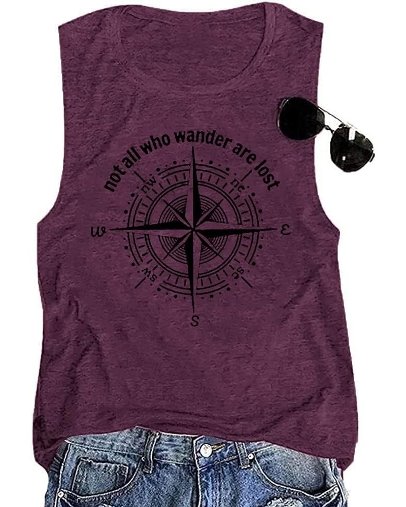 Womens Not All Who Wander are Lost T-Shirt Workout Shirts Summer Funny Letters Compass Graphic Casual Tops Athletic Tee Purpl...