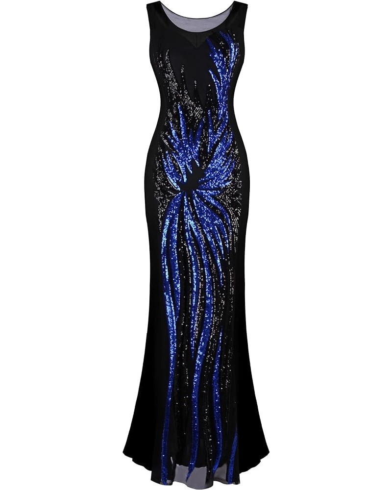 Women's Sheer Gold Sequined Black Splicing Evening Dress Blue Black $41.81 Dresses