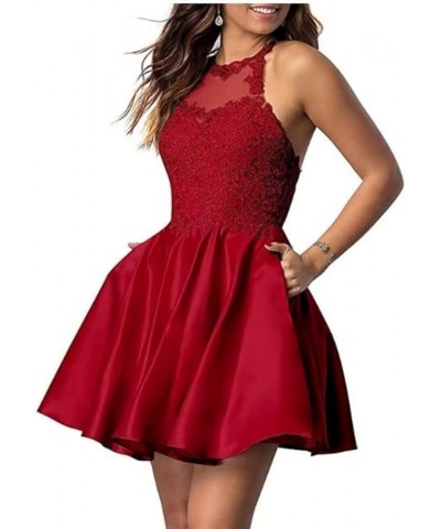 Halter Short Beaded Homecoming Dresses with Pockets Lace-Applique Prom Dress Satin Cocktail Dresses for Teens Wine Red $22.00...