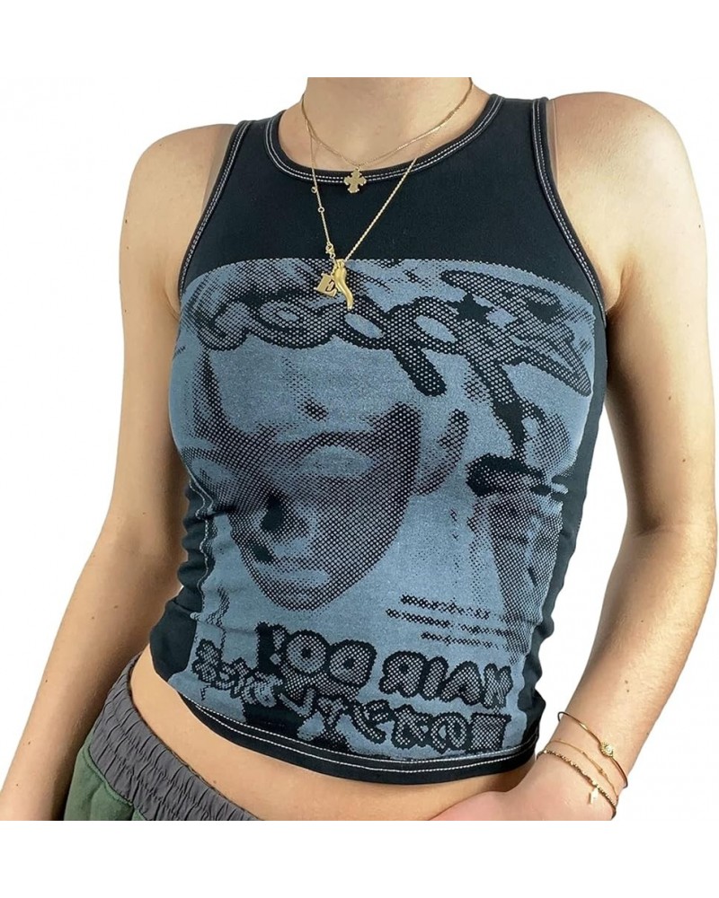 Women Face Portrait Print Y2K Tank Top Aesthetic Graphic Print E-Girl Camis Sleeveless Slim Vest Crop Top Streetwear F-black ...