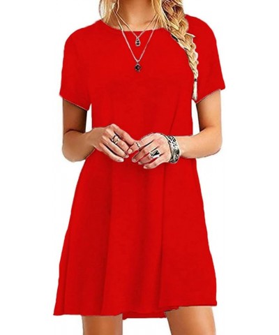 Summer Dresses for Women 2024 Casual Plain Simple Short Sleeve T-Shirt Loose Dress Flowy Beach Mini Dress for Vacation A Red ...