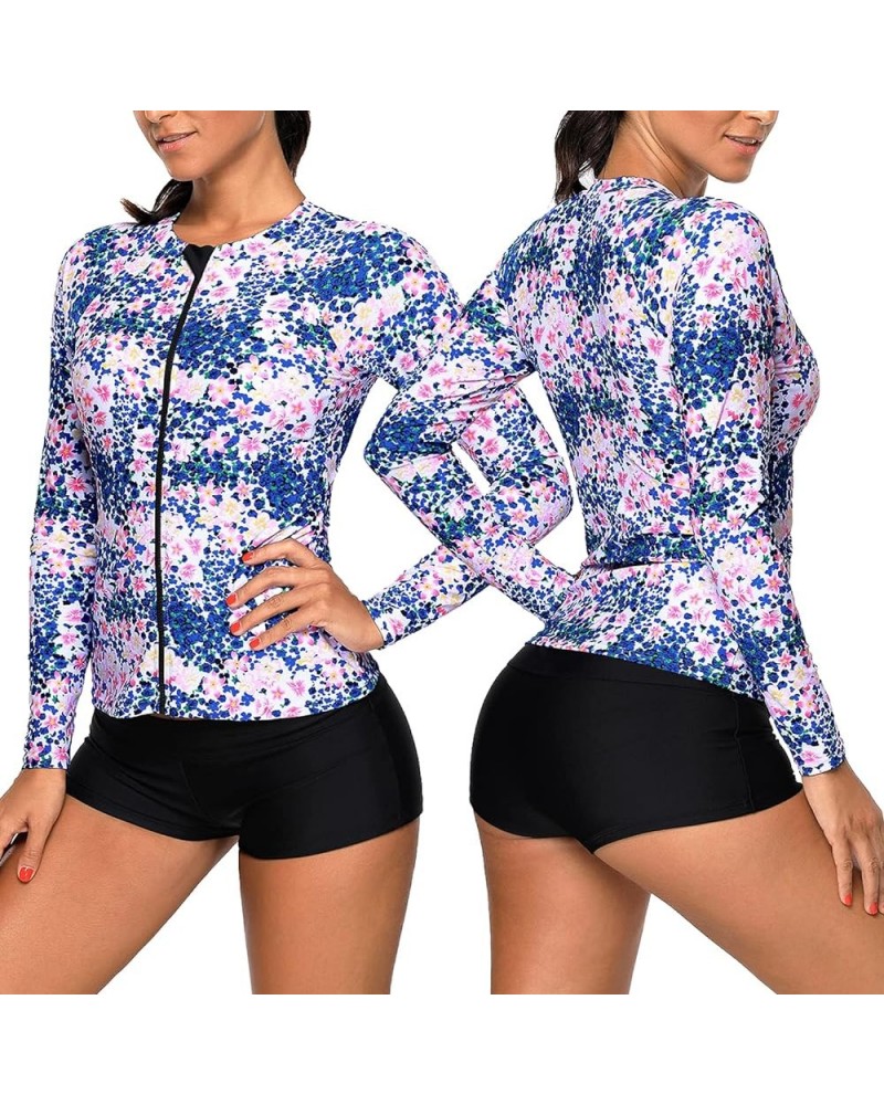 Women Long Sleeve Swimsuits, Female Coverup Rash Guard Shirt UPF 50+ Protection,Plus Size Print Bathing Suit Rahguard Blue Fl...