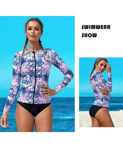 Women Long Sleeve Swimsuits, Female Coverup Rash Guard Shirt UPF 50+ Protection,Plus Size Print Bathing Suit Rahguard Blue Fl...