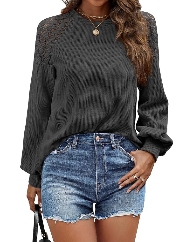 Womens Waffle Knit Tunic Tops 2023 Fall Winter Long Sleeve Shirts Lace Shoulder Crew Neck 06-dark Gray $11.79 Tops