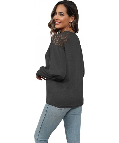 Womens Waffle Knit Tunic Tops 2023 Fall Winter Long Sleeve Shirts Lace Shoulder Crew Neck 06-dark Gray $11.79 Tops