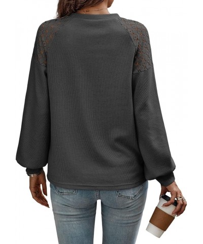 Womens Waffle Knit Tunic Tops 2023 Fall Winter Long Sleeve Shirts Lace Shoulder Crew Neck 06-dark Gray $11.79 Tops