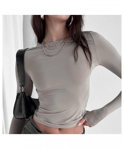 Women's Sexy Long Sleeve Slim Fitted Cropped T Shirts Fashion Going Out Crop Tops Y2K Clothes E Light Gray $8.65 T-Shirts