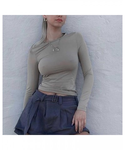 Women's Sexy Long Sleeve Slim Fitted Cropped T Shirts Fashion Going Out Crop Tops Y2K Clothes E Light Gray $8.65 T-Shirts