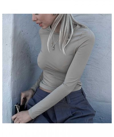 Women's Sexy Long Sleeve Slim Fitted Cropped T Shirts Fashion Going Out Crop Tops Y2K Clothes E Light Gray $8.65 T-Shirts