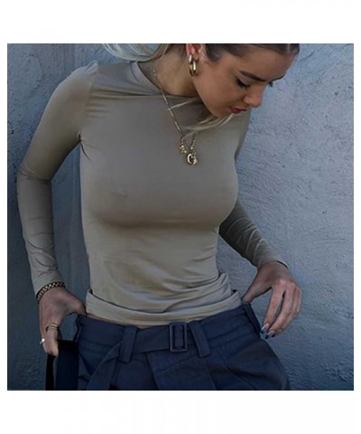 Women's Sexy Long Sleeve Slim Fitted Cropped T Shirts Fashion Going Out Crop Tops Y2K Clothes E Light Gray $8.65 T-Shirts