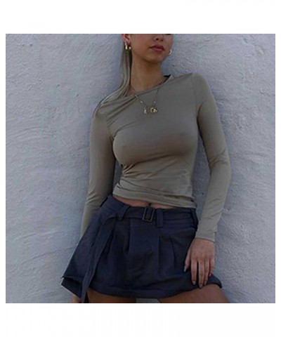 Women's Sexy Long Sleeve Slim Fitted Cropped T Shirts Fashion Going Out Crop Tops Y2K Clothes E Light Gray $8.65 T-Shirts