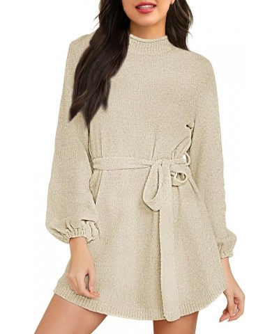 Women's 2023 Fall Winter Elegant Chenille Sweater Dress Mock Neck Long Sleeve Short Dresses with Belt Apricot $20.39 Sweaters