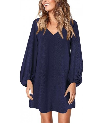 Women's V Neck Long Puff Sleeve Casual Tshirt Dress 2023 Loose Tunic Dress Flare Swing Shift Dresses Navy $17.28 Dresses