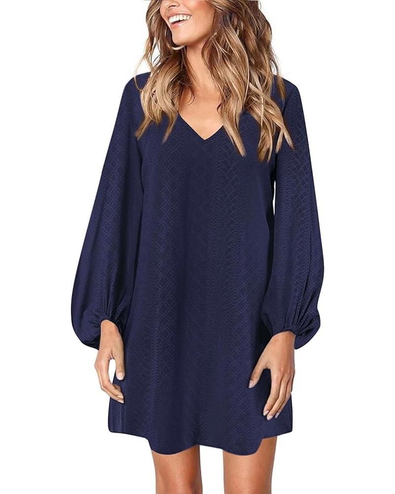 Women's V Neck Long Puff Sleeve Casual Tshirt Dress 2023 Loose Tunic Dress Flare Swing Shift Dresses Navy $17.28 Dresses