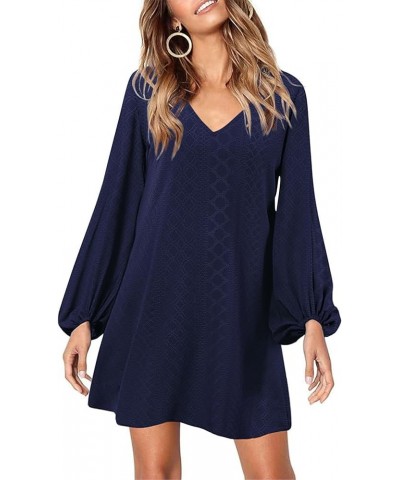 Women's V Neck Long Puff Sleeve Casual Tshirt Dress 2023 Loose Tunic Dress Flare Swing Shift Dresses Navy $17.28 Dresses