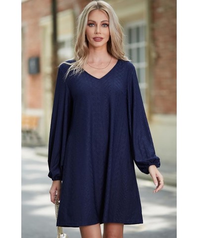 Women's V Neck Long Puff Sleeve Casual Tshirt Dress 2023 Loose Tunic Dress Flare Swing Shift Dresses Navy $17.28 Dresses