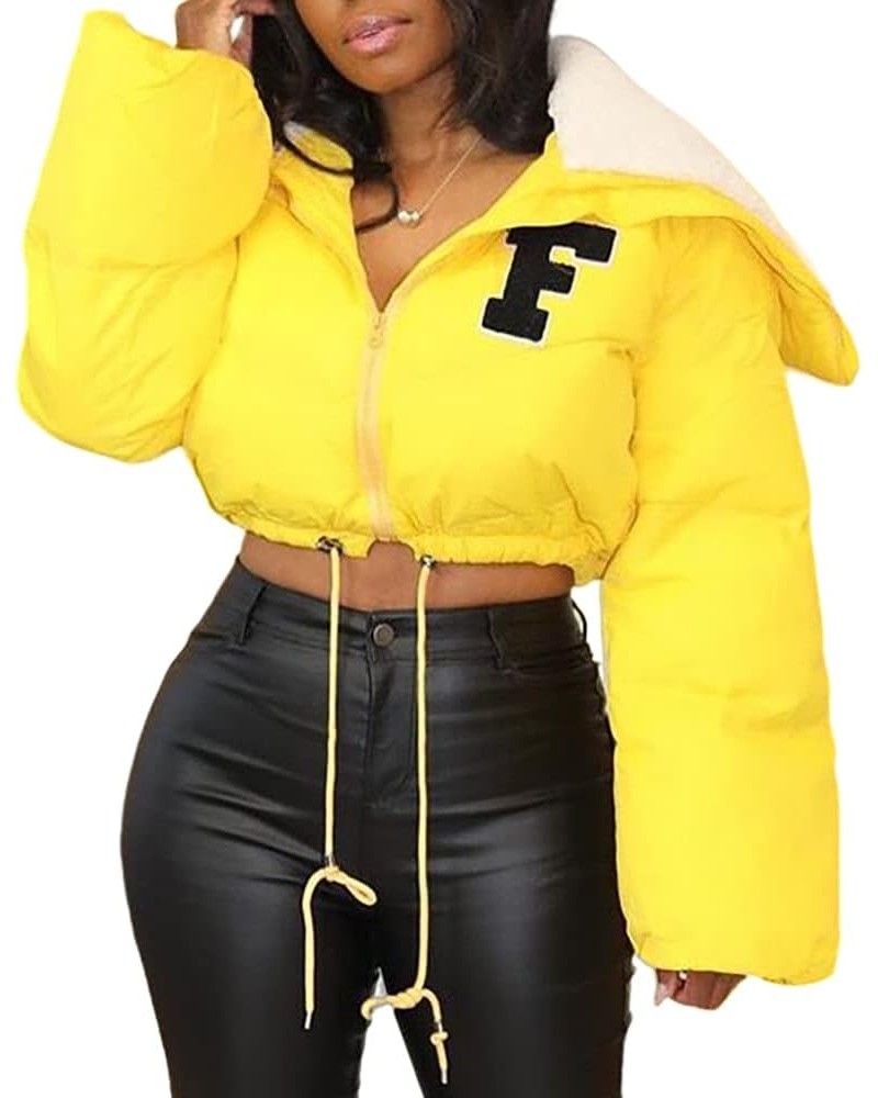 Women Sherpa Polar Fleece Shawl Collar Cropped Letter Puffer Bomber Varsity Jacket Zipper Cotton Padded Streetwear A-yellow F...