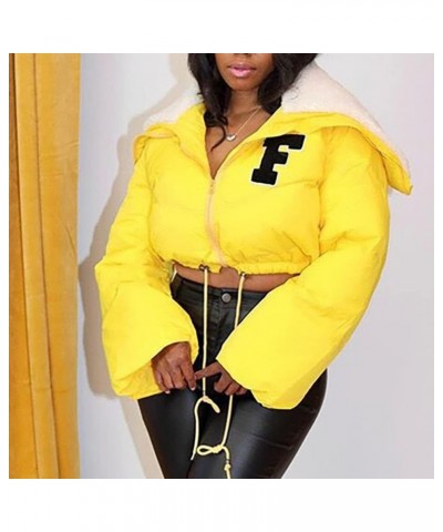 Women Sherpa Polar Fleece Shawl Collar Cropped Letter Puffer Bomber Varsity Jacket Zipper Cotton Padded Streetwear A-yellow F...