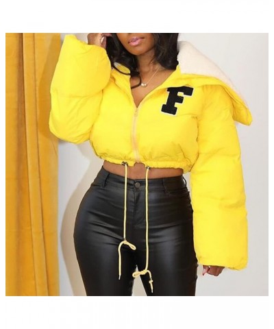 Women Sherpa Polar Fleece Shawl Collar Cropped Letter Puffer Bomber Varsity Jacket Zipper Cotton Padded Streetwear A-yellow F...