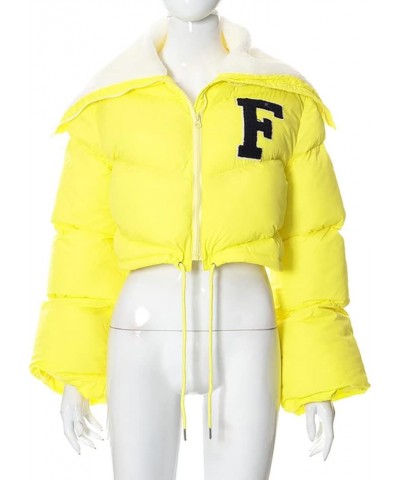 Women Sherpa Polar Fleece Shawl Collar Cropped Letter Puffer Bomber Varsity Jacket Zipper Cotton Padded Streetwear A-yellow F...