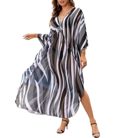 Bathing Suit Cover Ups for Women Floral Print Kaftan Dresses Plus Size Beach Coverup V-Neck Side Split Caftans Zebra Stripe $...