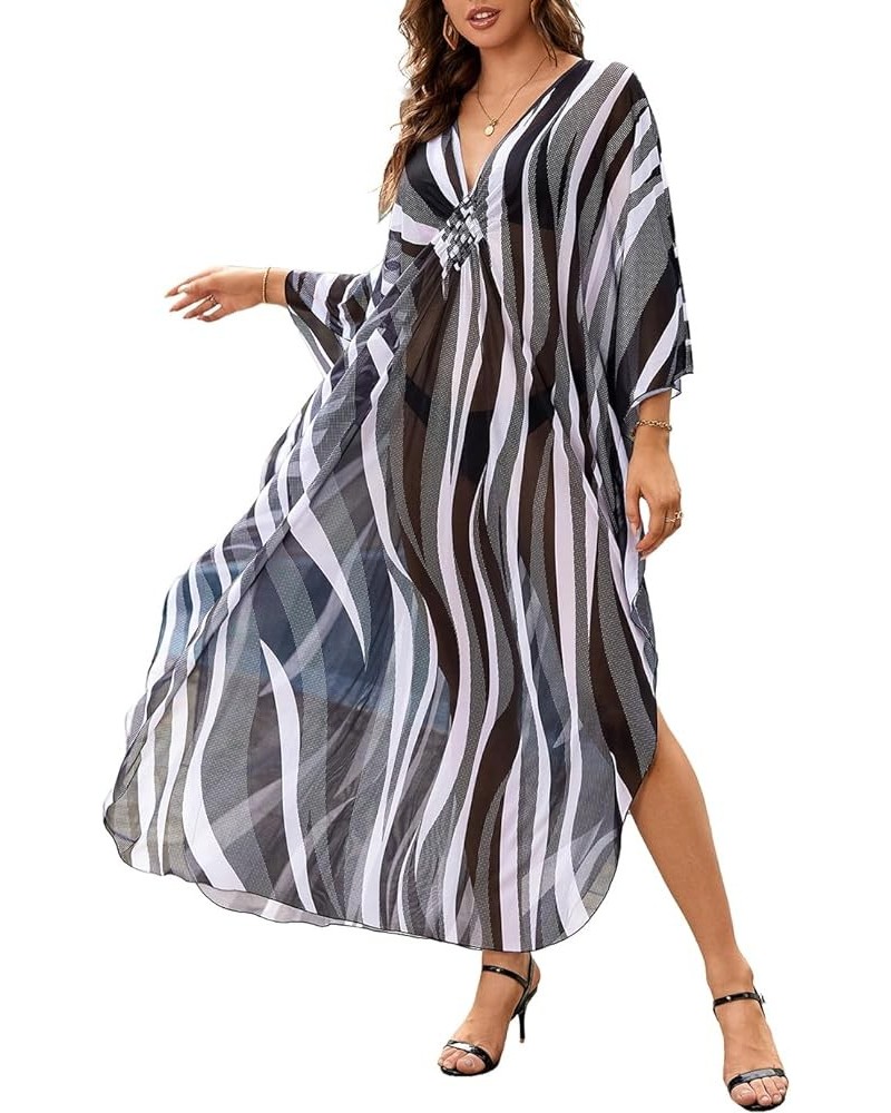 Bathing Suit Cover Ups for Women Floral Print Kaftan Dresses Plus Size Beach Coverup V-Neck Side Split Caftans Zebra Stripe $...