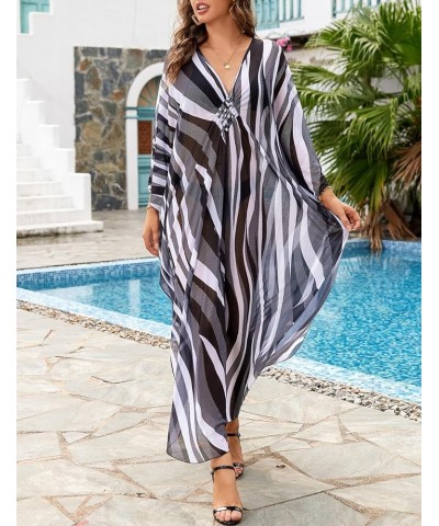 Bathing Suit Cover Ups for Women Floral Print Kaftan Dresses Plus Size Beach Coverup V-Neck Side Split Caftans Zebra Stripe $...