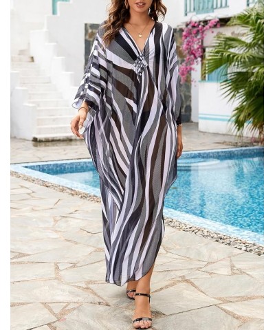 Bathing Suit Cover Ups for Women Floral Print Kaftan Dresses Plus Size Beach Coverup V-Neck Side Split Caftans Zebra Stripe $...