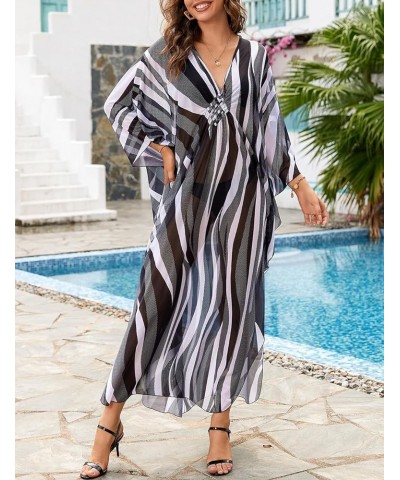 Bathing Suit Cover Ups for Women Floral Print Kaftan Dresses Plus Size Beach Coverup V-Neck Side Split Caftans Zebra Stripe $...