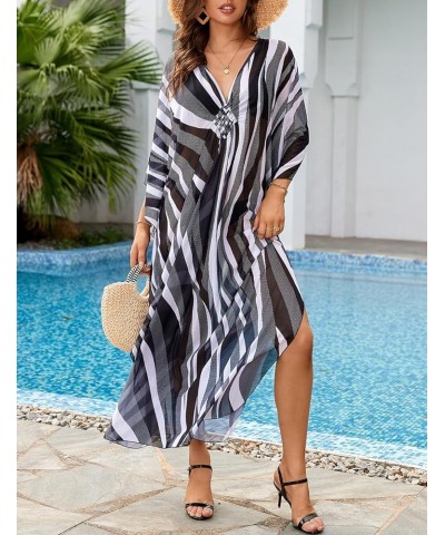 Bathing Suit Cover Ups for Women Floral Print Kaftan Dresses Plus Size Beach Coverup V-Neck Side Split Caftans Zebra Stripe $...