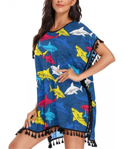 Women's Stylish Fashion Chiffon Tassel Beach Bikini Swimwear Bathing Suit Cover up Blue&sharks $13.19 Swimsuits