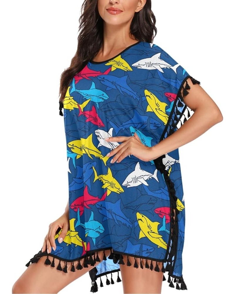 Women's Stylish Fashion Chiffon Tassel Beach Bikini Swimwear Bathing Suit Cover up Blue&sharks $13.19 Swimsuits