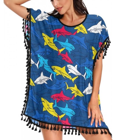 Women's Stylish Fashion Chiffon Tassel Beach Bikini Swimwear Bathing Suit Cover up Blue&sharks $13.19 Swimsuits