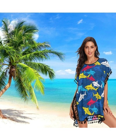 Women's Stylish Fashion Chiffon Tassel Beach Bikini Swimwear Bathing Suit Cover up Blue&sharks $13.19 Swimsuits