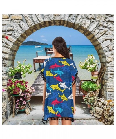 Women's Stylish Fashion Chiffon Tassel Beach Bikini Swimwear Bathing Suit Cover up Blue&sharks $13.19 Swimsuits