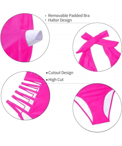 Women Sexy One Piece Swimsuits Halter Plunge V Neck Cutout Bathing Suits Hot Pink $17.02 Swimsuits