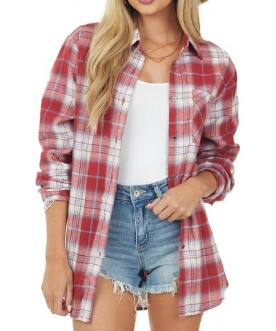 Womens Plaid Shirts Button Down Flannel Shirts Boyfriend Long Sleeve Shirts Burgundy $13.33 Blouses