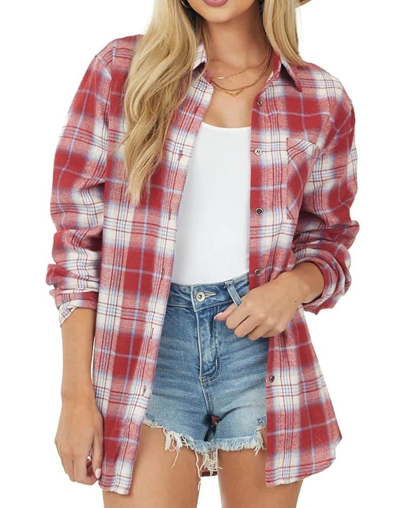 Womens Plaid Shirts Button Down Flannel Shirts Boyfriend Long Sleeve Shirts Burgundy $13.33 Blouses