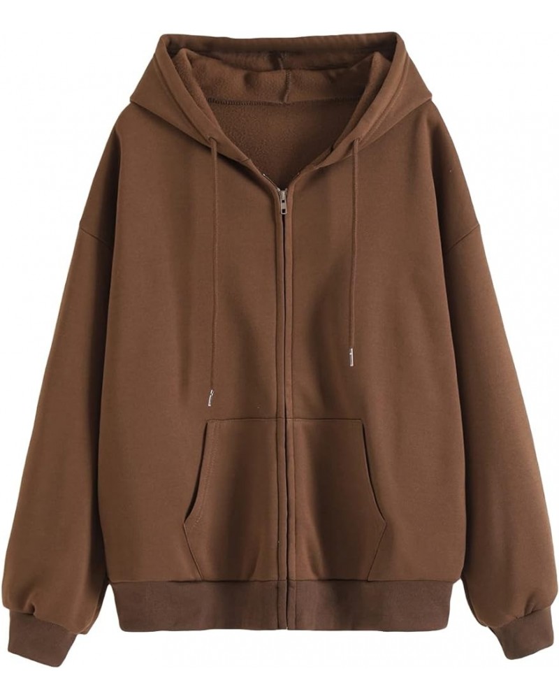 Women's Casual Drawstring Hoodie Jacket Zip Up Drop Shoulder Hooded Sweatshirts Top Coffee Brown $17.15 Hoodies & Sweatshirts