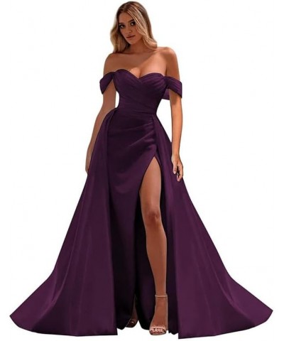 Off The Shoulder Prom Dress Mermaid Ruched Split Ball Gowns for Women Prom Dresses Long Satin Plum $25.30 Dresses