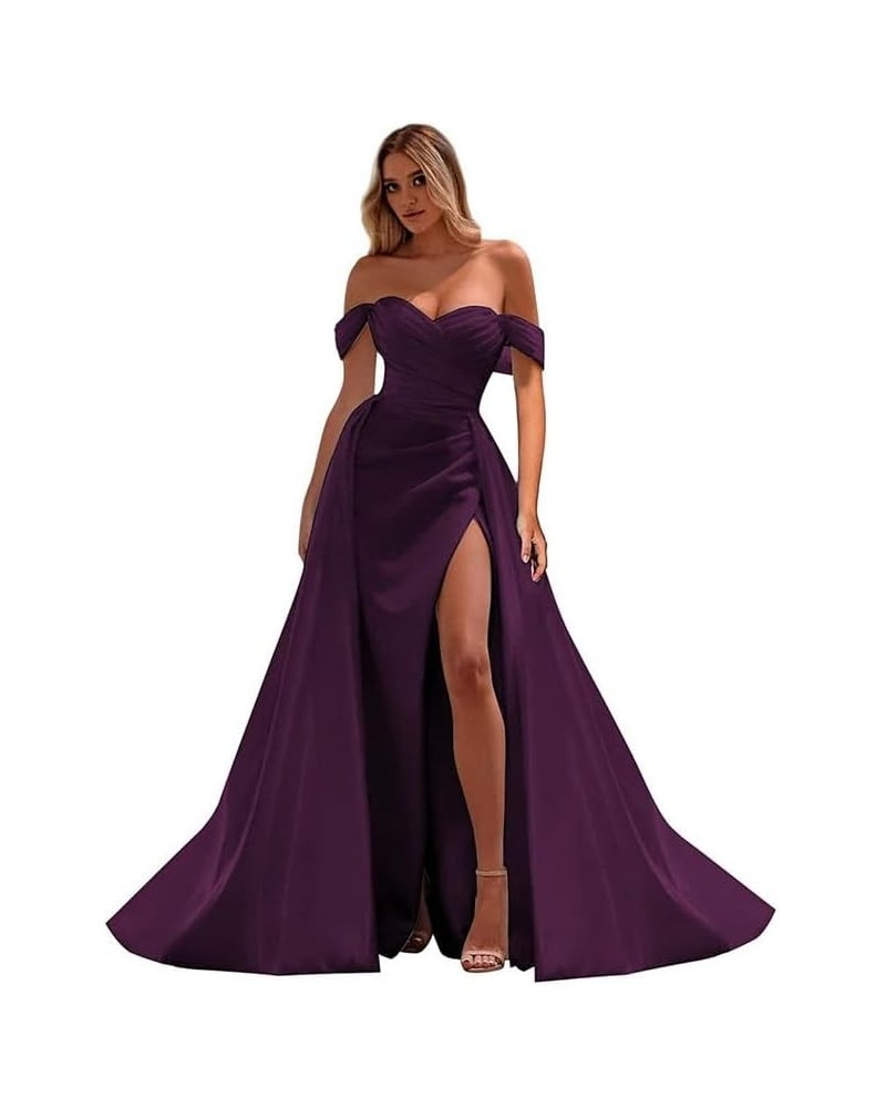 Off The Shoulder Prom Dress Mermaid Ruched Split Ball Gowns for Women Prom Dresses Long Satin Plum $25.30 Dresses