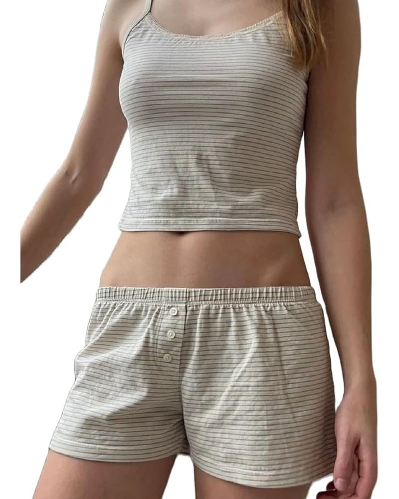 Women Y2k 2 Piece Lace Shorts Set Sleeveless V Neck Cami Top with Shorts Pajamas Sets Sleepwear Lace Trim Striped Creamy-whit...