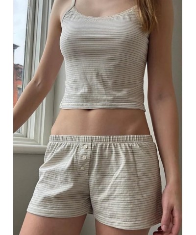 Women Y2k 2 Piece Lace Shorts Set Sleeveless V Neck Cami Top with Shorts Pajamas Sets Sleepwear Lace Trim Striped Creamy-whit...