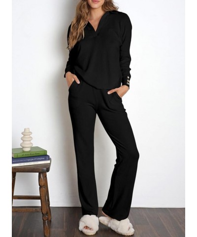 Women Sweater Set 2 Piece Outfits Long Sleeve Knit Lapel V Neck Tops High Waist Wide Leg Pants Lounge Sets Black $24.50 Sleep...