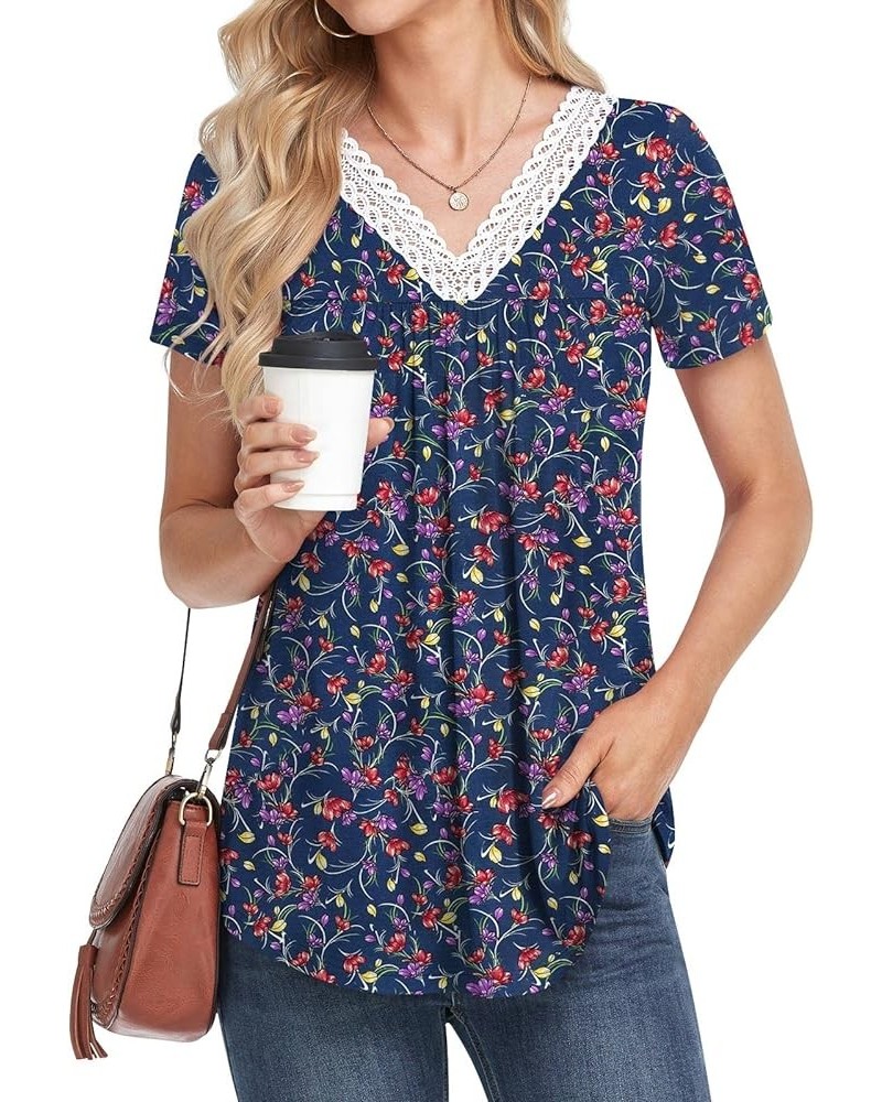 Womens Summer Shirts V-Neck Lace Collar Casual Tank Tops Sleeveless Loose Pleated Tunic Tee Small Fl Navy $10.79 Tanks