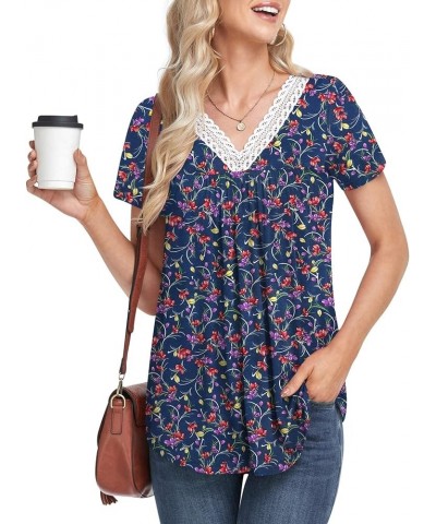 Womens Summer Shirts V-Neck Lace Collar Casual Tank Tops Sleeveless Loose Pleated Tunic Tee Small Fl Navy $10.79 Tanks